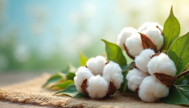 Close-up view of soft white cotton plant bolls with green leaves. Natural fibers rest on rustic burlap texture. Bokeh background shows blue sky and green field.