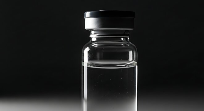 A clear liquid fills a small glass vial with a black cap, set against a dark, moody background.