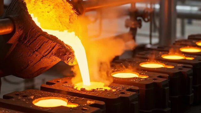 Molten gold flowing into casting molds, industrial style, warm orange and yellow colors, metal production process