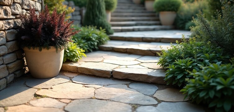 Stone pathway winds up outdoor stpic beside potted plants and greenery. Natural garden landscaping with flagstone and masonry wall. Peaceful outdoor terrace with sunlit path.