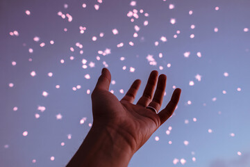 Hand releasing pink petals into the air with blue sky background