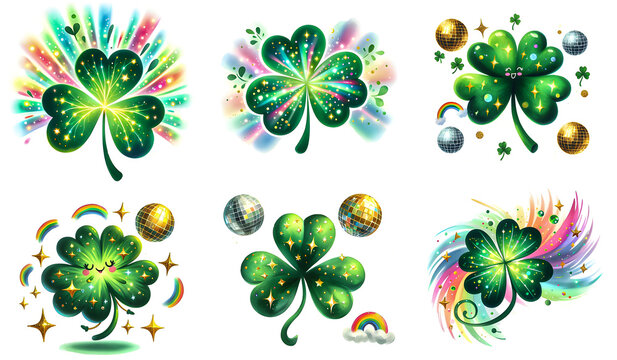 Disco Shamrock St. Patrick's Day Clipart Bundle. Glitter Mirror Ball Clover