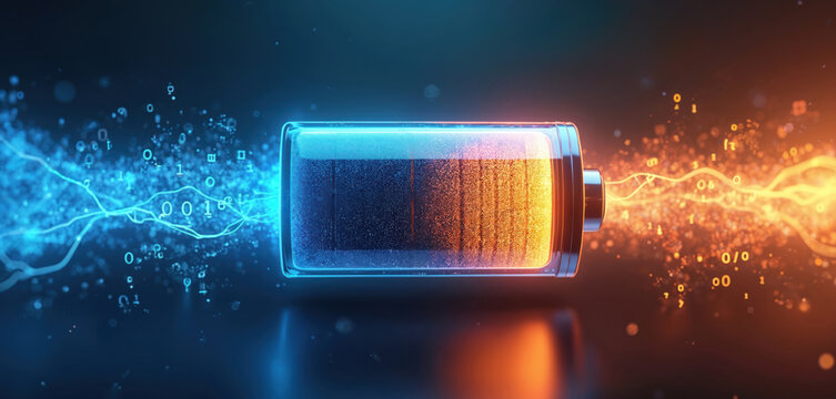 Battery icon glows with blue and orange light. Digital data flows in and out, suggesting energy transfer and charging power. Binary code sparks from battery.