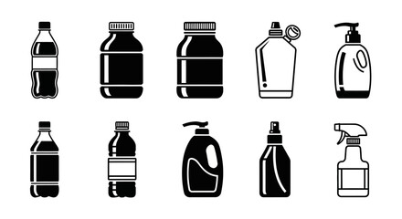 Collection of Black and White Icons: Various Bottles and Containers for Liquids