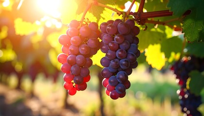 Fototapeta premium Ripe Red Grapes Hanging on the Vine in Golden Sunlight.