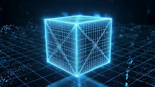 Wireframe Cube Floating Above Grid - A blue wireframe cube hovers above a gridded surface, with small particles emanating from the ground and cube.