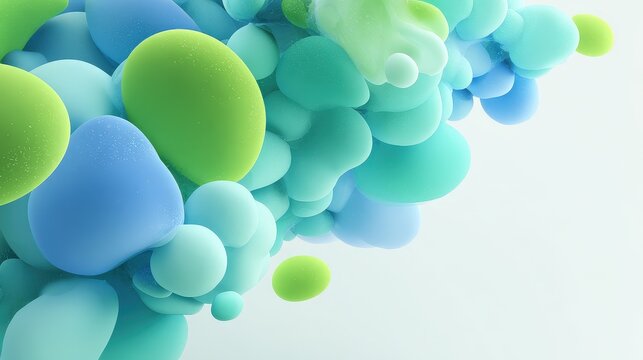 3D blob elements in pastel blue and green on white, floating style for tech startup background