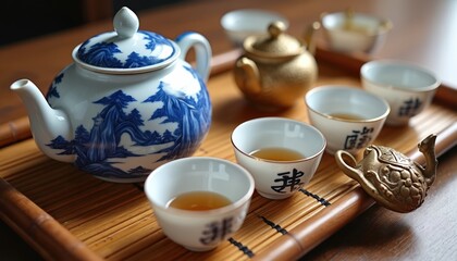 Fototapeta premium Traditional Chinese tea ceremony set with blue and white teapot and cups. Golden ornate teapot sits near ceramic teacups filled with amber liquid. Bamboo tray holds a refined beverage.