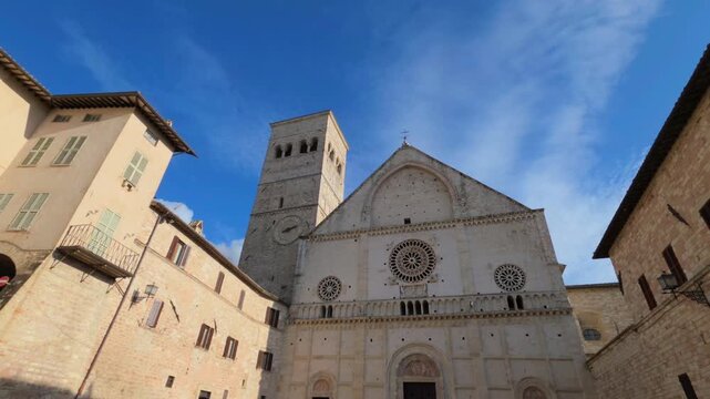 Romanesque Facade of San Rufino Cathedral in Assisi, Umbria, Italy - Historic Medieval Architecture and Landmark