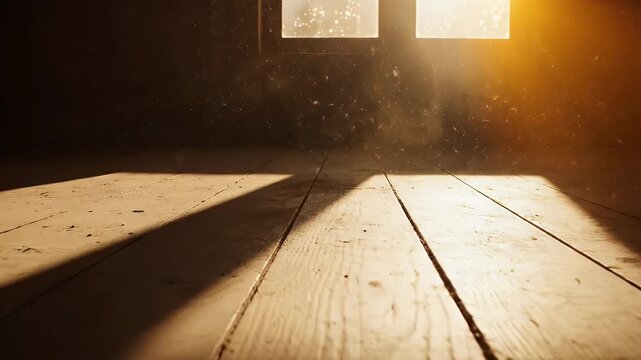 Sunbeams illuminate dust motes dancing on a rustic wooden floor