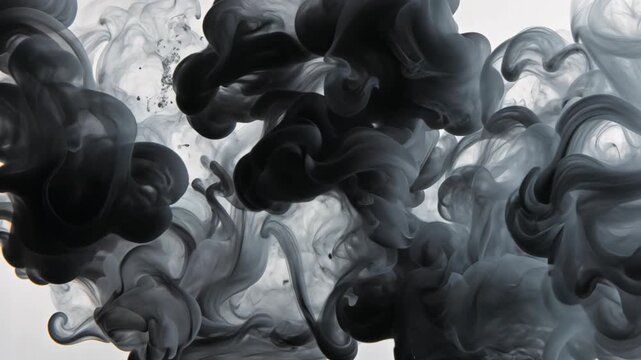 Abstract image of swirling, dark gray ink plumes against a white backdrop