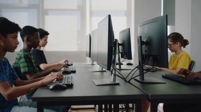 School boys learning computer programming in technology classroom, kids coding on desktop computers for stem education.