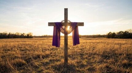 Symbol of Christian Lent and Good Friday with Cross and Purple Drape