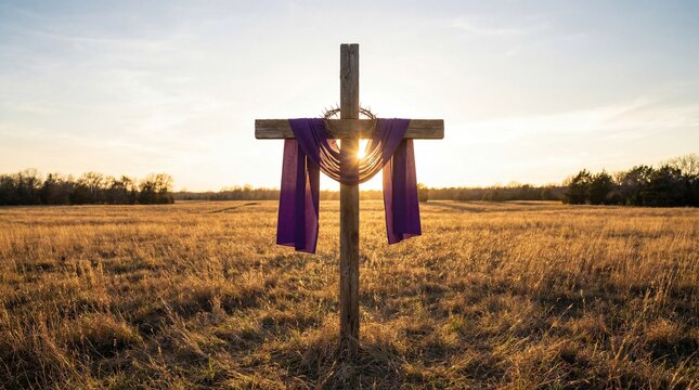 Symbol of Christian Lent and Good Friday with Cross and Purple Drape
