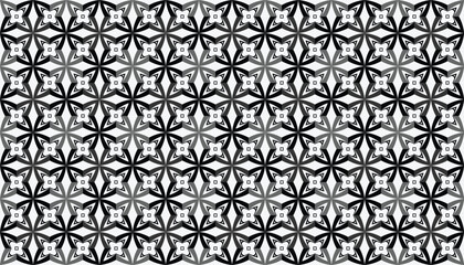Fototapeta premium Seamless geometric pattern with a deep 3D vaulted effect featuring monochromatic star and floral motifs. Abstract vector background with a dense repeating structural lattice in grayscale