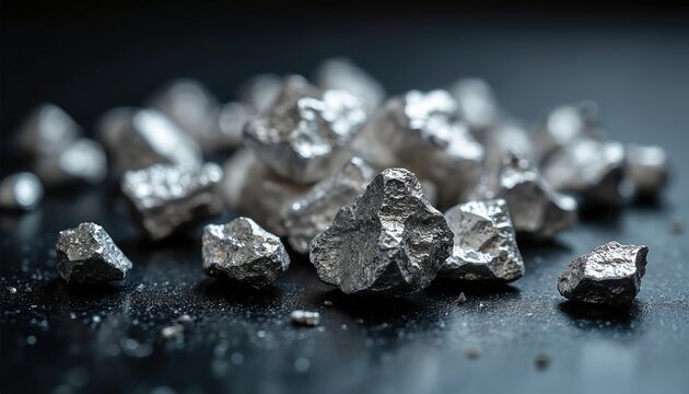 Raw platinum ore chunks gleam on dark polished surface. These precious metallic nuggets represent wealth investment and industrial value. Shiny mineral deposit shows luxury material.