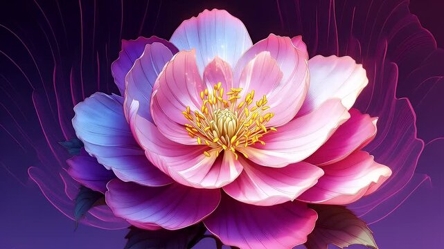 Artistic rendering of a large pink peony flower with yellow stamens