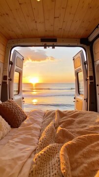 Cozy camper van interior facing ocean sunset for beach travel lifestyle and relaxation.