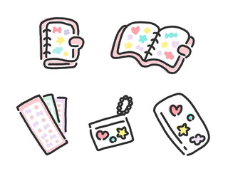 手描きのかわいいシールとピンクのシール帳・デコレーションしたスマホのセット