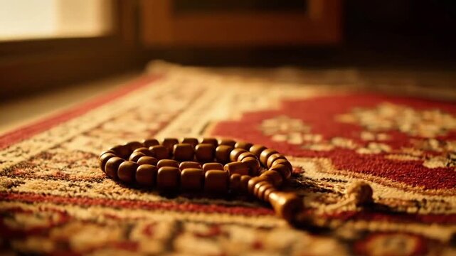 Close-up of tasbih resting on prayer mat illuminated by soft golden window light, calm spiritual mood, warm tone color grading, shallow depth of field, full HD 1920x1080, no sound.