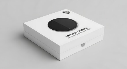 A product box with a circular cutout and text, viewed from an angle, showcasing packaging design