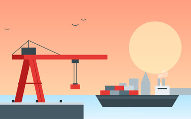 Industrial Port with Red Cargo Crane and Ships at Peach Sunset Flat Minimalist Vector Illustration Background © Meico Studio