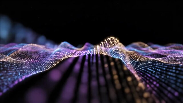 Abstract Digital Waveform Landscape - A macro shot showcases a vibrant, undulating surface composed of shimmering, colorful lights arranged in parallel lines.