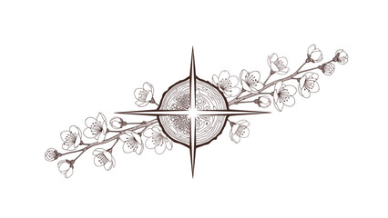 A floral emblem design with a wood slice center and a four-pointed star, with flower branches