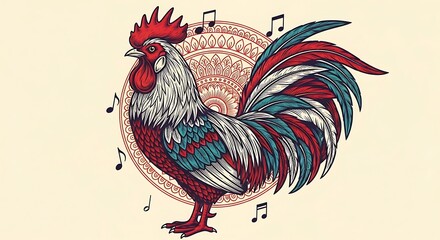 Ornamental Rooster With Notes And Melody Design