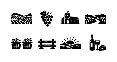 Naklejka premium European vineyard scenery. Filled icon set of European vineyard scenery: vineyard landscape, grape clusters,