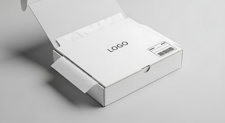 An open white box with a logo and barcode on a plain surface, viewed from above, showcasing packaging design elements.