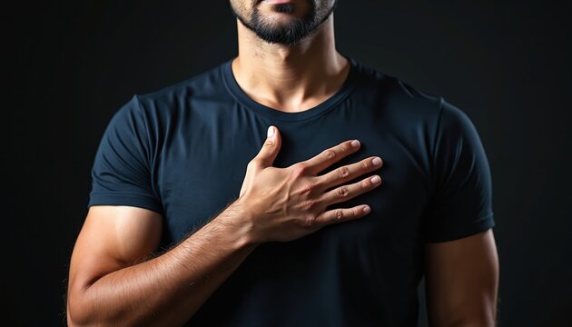 Man places hand over heart with beard. He stands solemnly making a pledge or solemn commitment. This gesture shows allegiance and integrity.