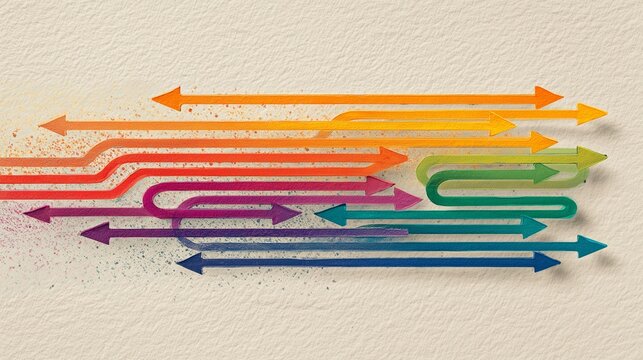 Colored arrow path diagram on textured background representing change management process mapping with workflow, direction, and alignment.