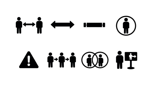 Social distancing cues. Filled icon set of Social distancing cues: two people apart, distance arrows, floor