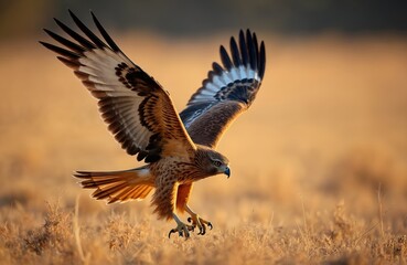 Fototapeta premium Red tailed hawk lands in dry grass field at sunset. Bird of prey prepares for landing with outstretched wings, sharp talons visible. Wild nature scene at dusk.