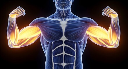 Plakat 3D render of male muscular anatomy with glowing biceps and triceps, human body x-ray view, strength and fitness concept