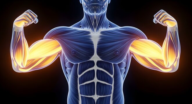3D render of male muscular anatomy with glowing biceps and triceps, human body x-ray view, strength and fitness concept