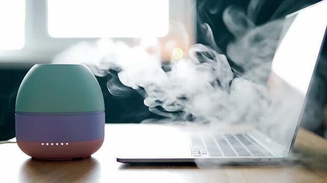 Modern essential oil diffuser releasing mist beside laptop on wooden desk