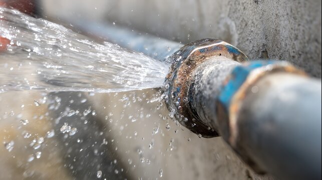 Corroded metal water pipe with burst joint spraying water against a concrete wall illustrating leak detection and emergency repair need.