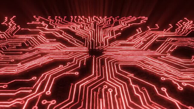 Red Circuit Board Pattern - Close-up abstract illustration of a circuit board in red, with glowing lines. The pattern suggests high technology, digital networks, and complex systems.