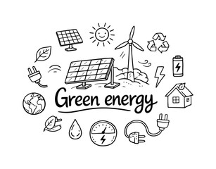 Obraz premium Green Energy Doodles. Green energy. Hand-drawn doodle illustration of Green energy. In the middle, one