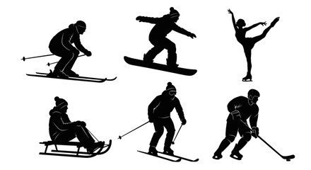 Winter sports athletes ski snowboard skate in snowy mountain resort scenery outdoors