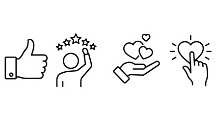 A set of four icons depicting hands with thumbs up and hearts