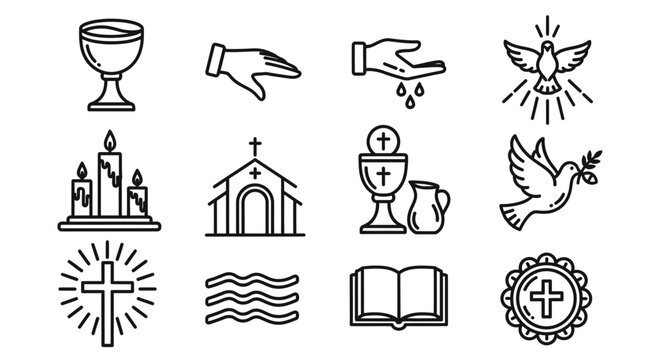 Religious symbols and icons depicting church, cross, holy water, and dove in a sacred setting with bible