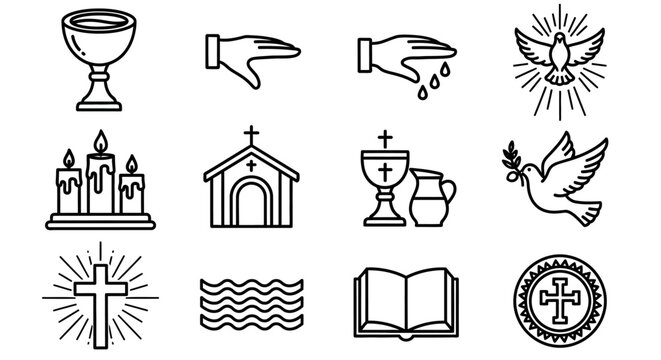 A collection of Christian symbols and icons including a chalice, church, and dove are displayed.