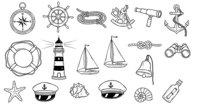Nautical icons including a lighthouse, sailing ships, and anchors are displayed.
