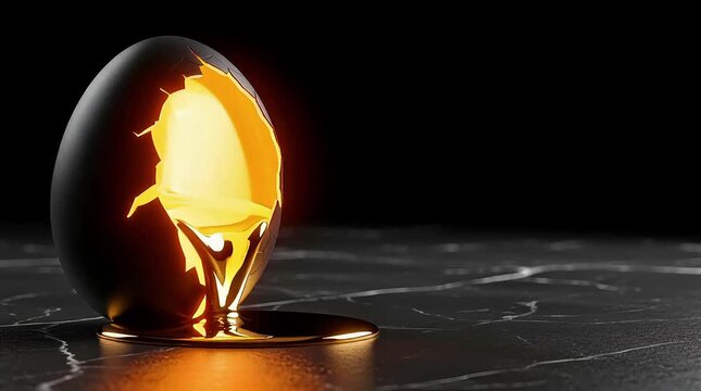 Black egg cracked open with golden liquid flowing out on a marble surface symbolizing new beginnings and creativity spilling out in a dramatic dark setting with subtle lighting effects.