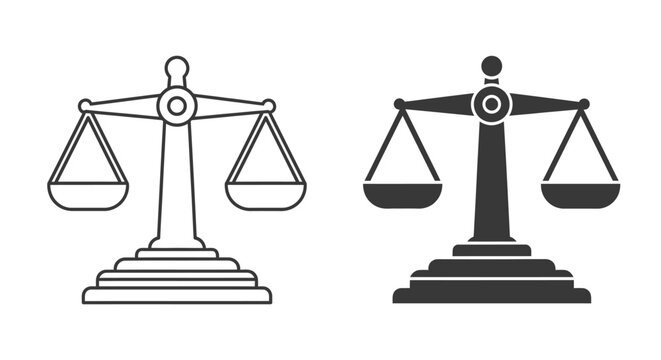 Vector set featuring two classic balance scale icons, one outlined and one solid, symbolizing justice, law, equality, fairness, and equilibrium for legal, ethical, and societal design applications