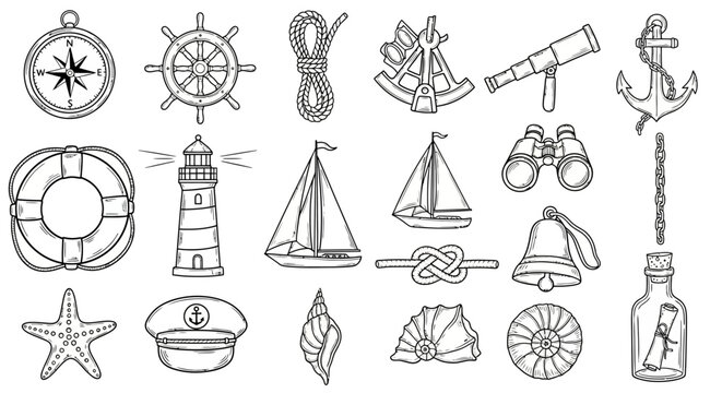 Hand-drawn Vintage Nautical Elements Set Explore the Marine World with Classic Sailing and Sea Adventure Symbols, perfect for Ocean-themed Designs