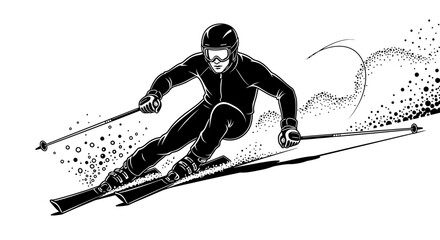 Powerful black and white vector illustration depicting a professional downhill skier in mid-action, spraying snow on a fast descent during a winter sports event © John